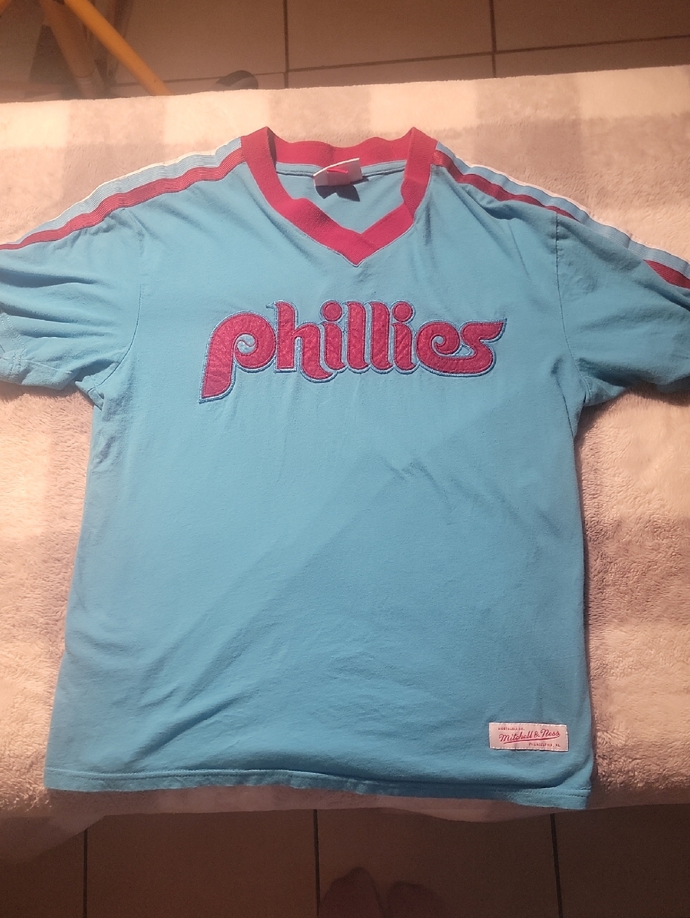Mitchell & Ness Light Blue Phillies V-Neck Tee with Red Script